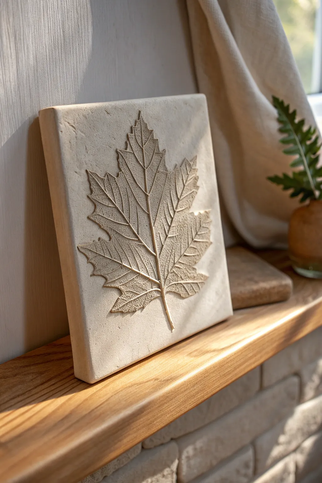 Botanical leaf imprint clay tile in soft neutral tones, crisp texture for minimalist decor.