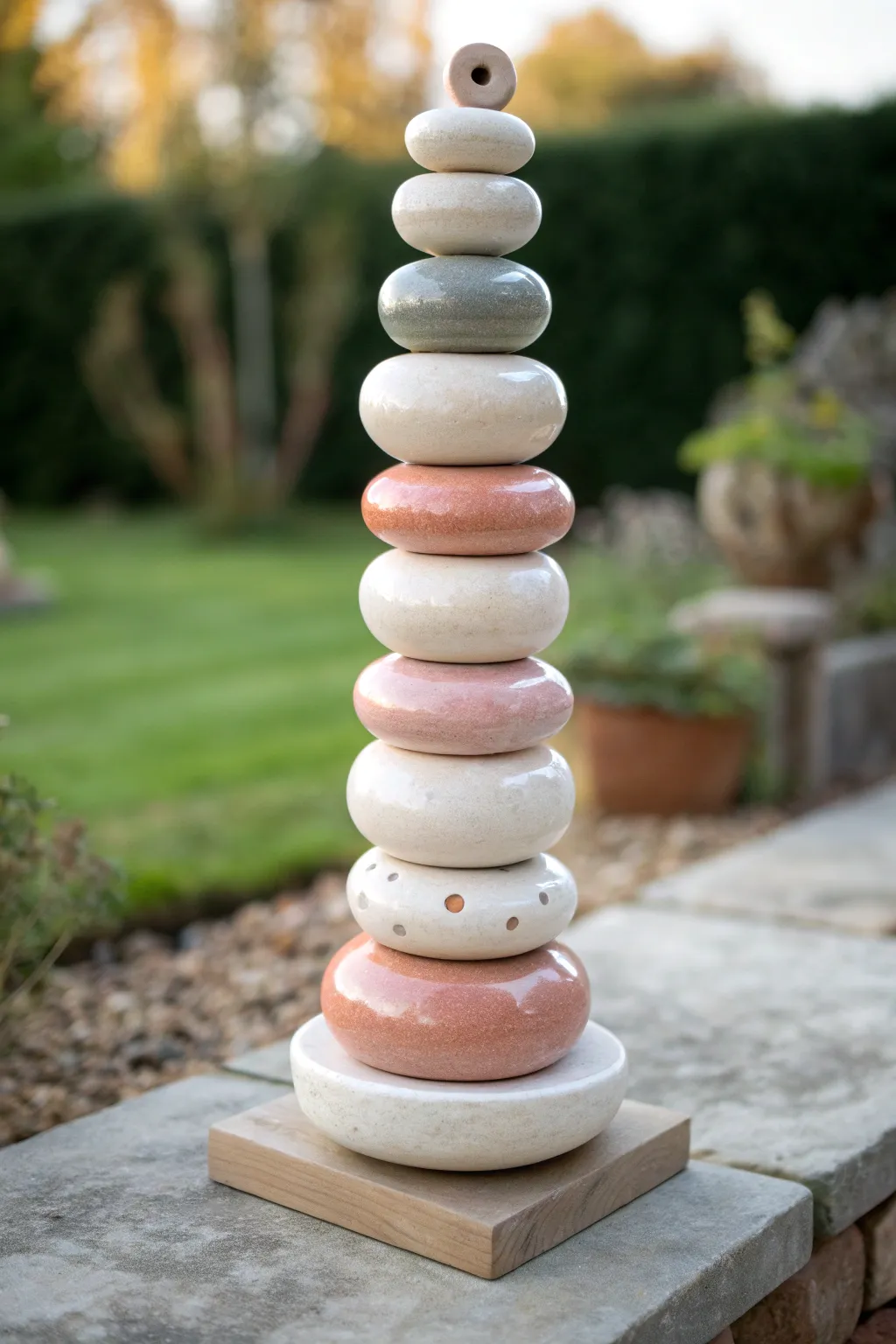 Classic stacked bead clay garden totem with glossy glaze—minimal, boho-soft, and easy to recreate.