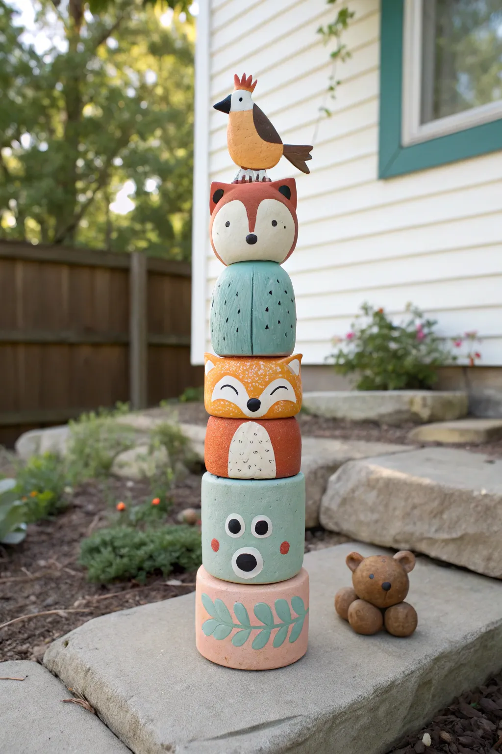 Whimsical clay animal totem in cheerful colors, a simple DIY garden sculpture to copy.