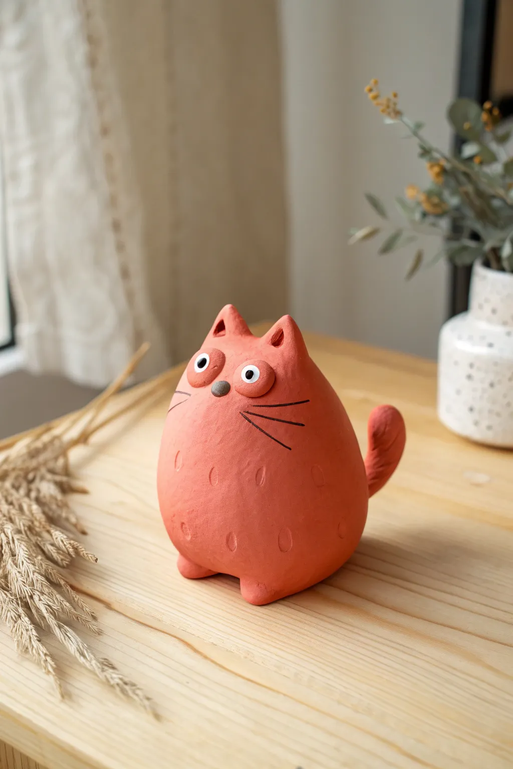 Chubby clay cat pocket pal with big eyes and curled tail, a cute minimalist desk companion