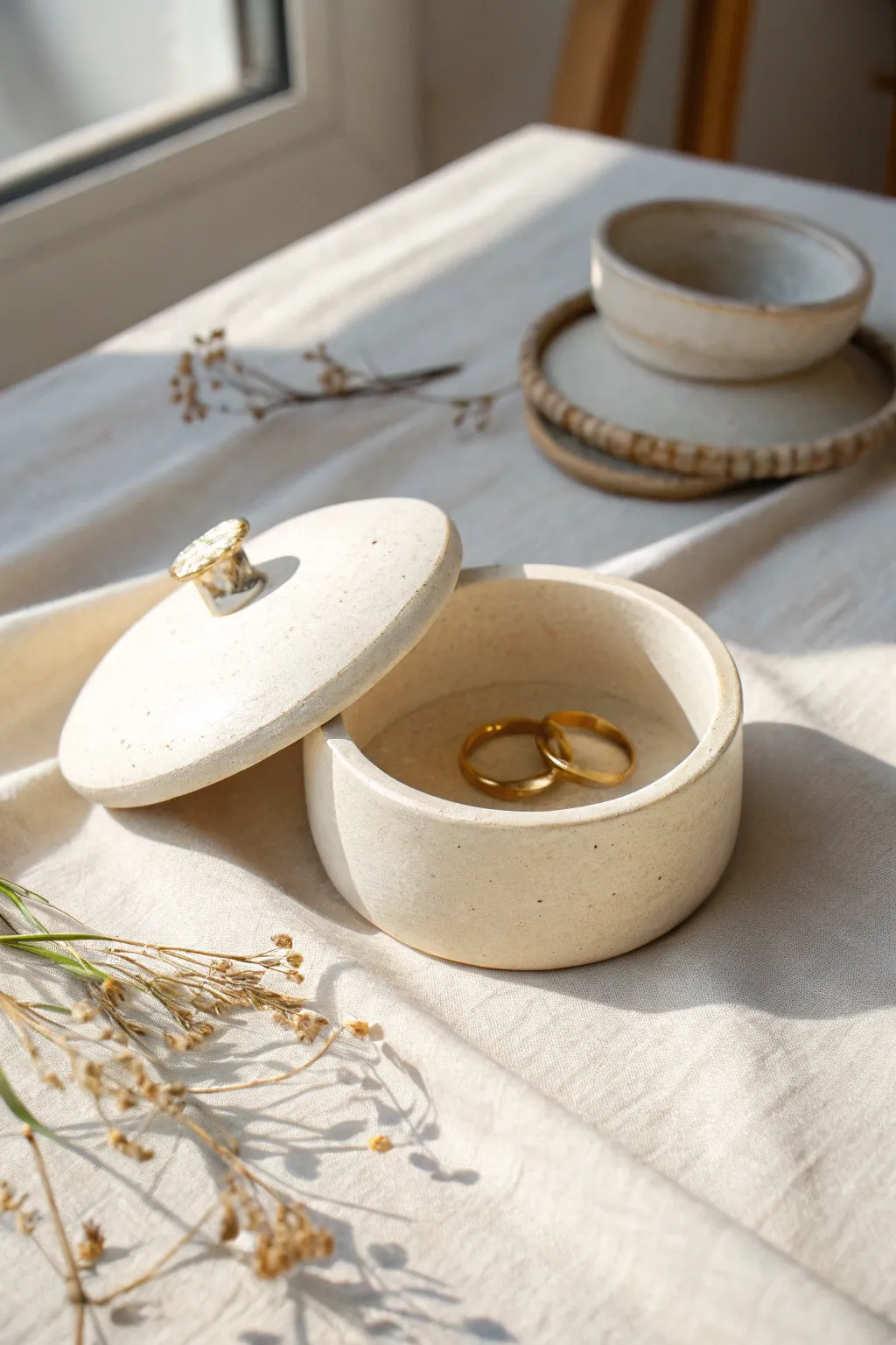 Classic round lidded clay trinket box, slightly ajar with rings—minimal, cozy, handmade charm.