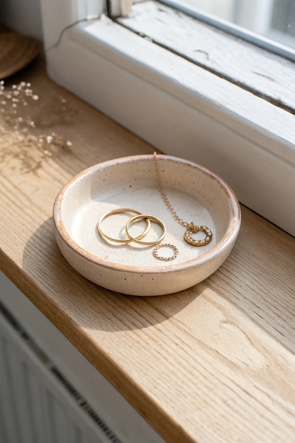 Classic round trinket dish with a soft rim, styled simply with rings and a delicate chain.