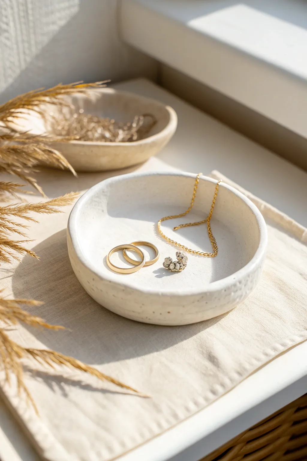 Classic round trinket dish in matte white clay, styled simply with rings and a fine chain.