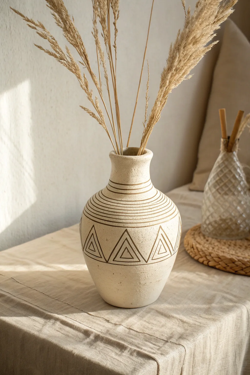 Matte off-white vase with simple carved triangles and stripes for a crisp modern look