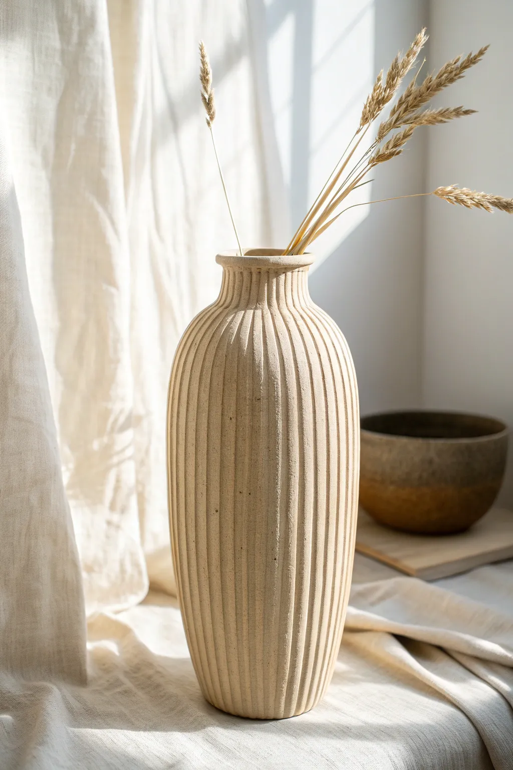 Simple ribbed cylinder vase in matte clay, styled with wheat for calm Scandinavian boho vibes