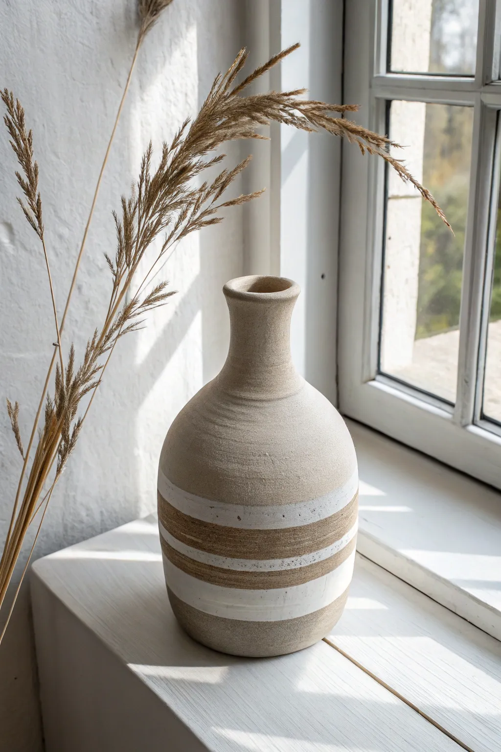 Minimalist clay vase with crisp monochrome bands, styled in bright natural light on white.