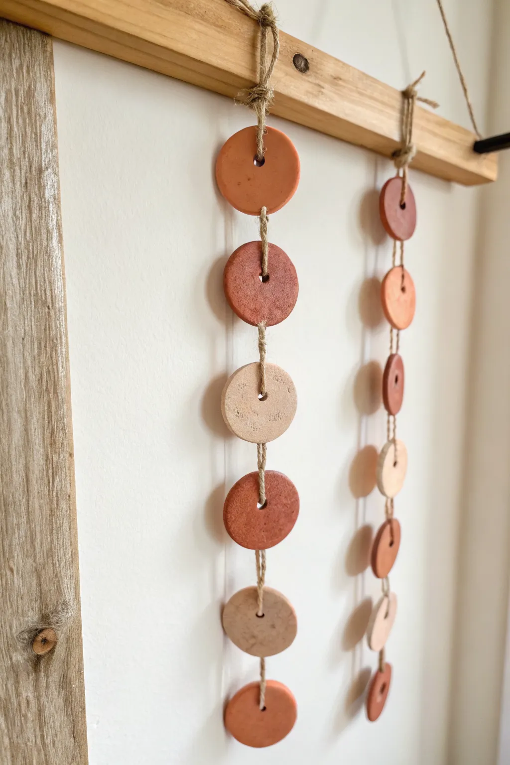Minimal clay disc garland in warm earth tones, a simple boho wall accent with soft shadows