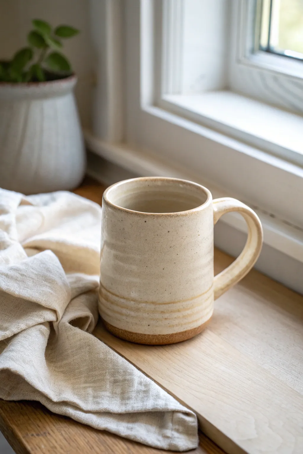 Everyday wheel-thrown mug with cozy satin glaze and simple handle, styled for a calm kitchen