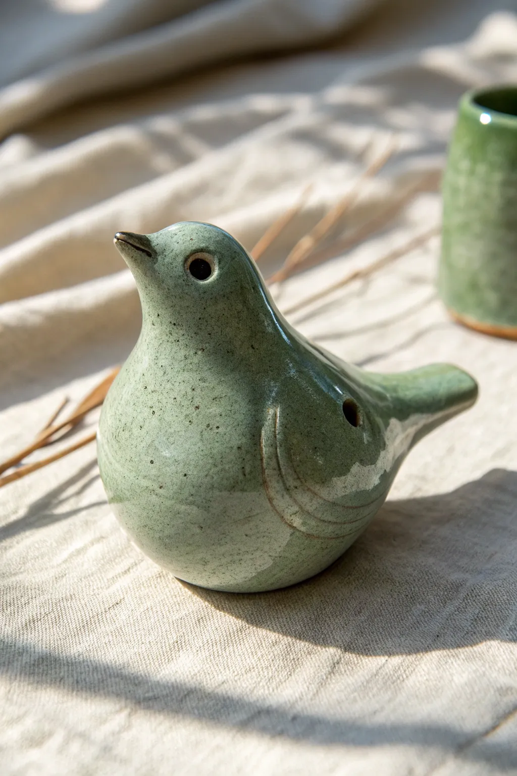 Simple pinch-pot bird whistle in solid glaze, styled in soft Nordic light and clean contrast