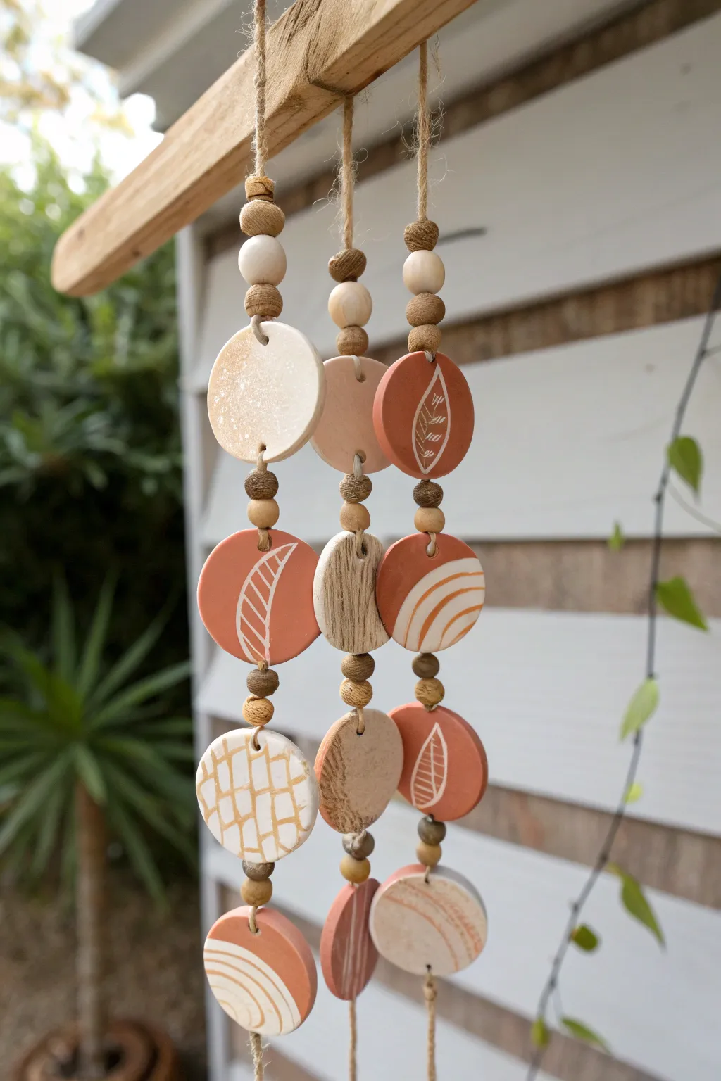 Warm neutral hand-painted clay disc wind chime with simple boho charm and clean Nordic style.