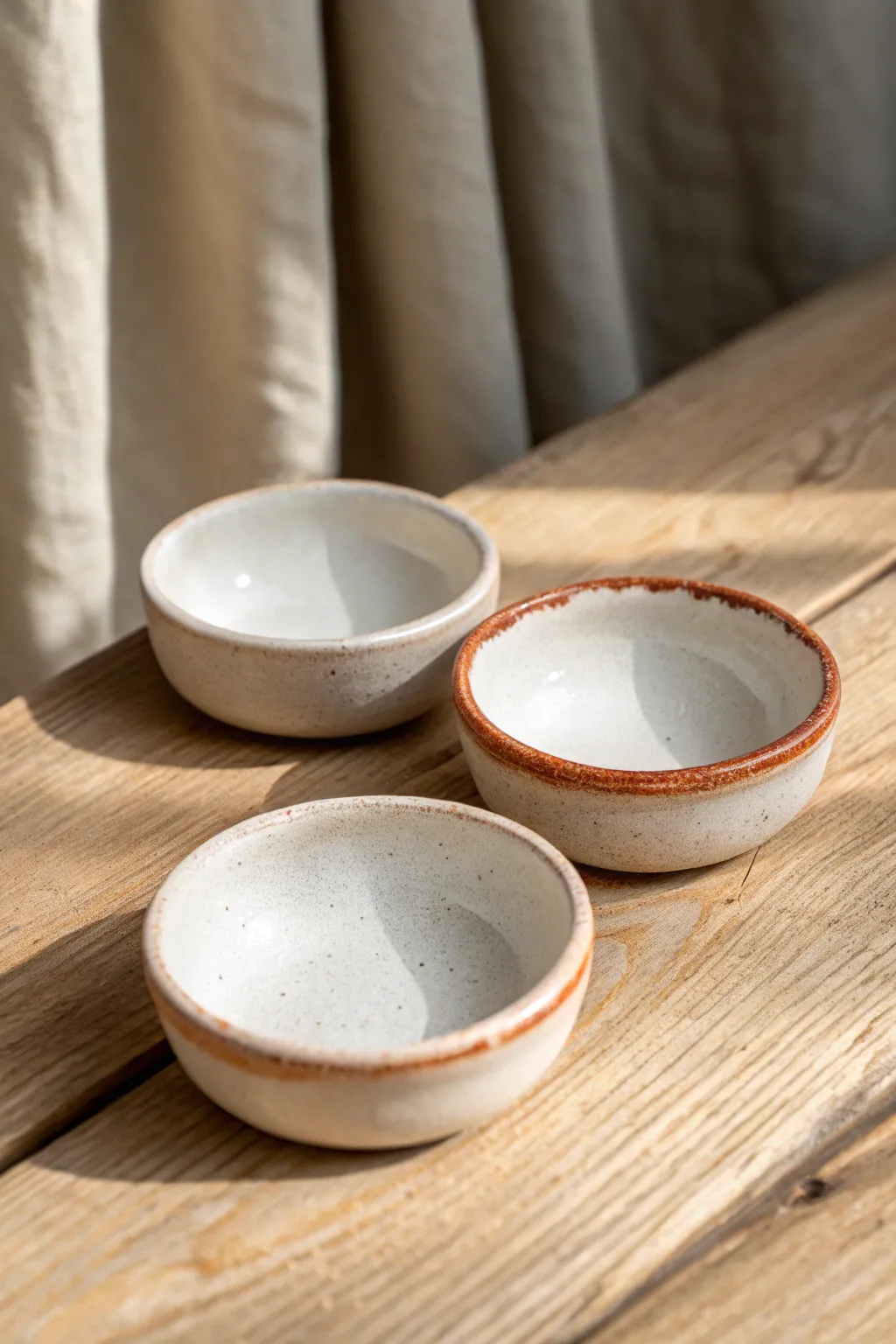 Minimal pinch pot trinket dishes with soft shapes and subtle rims, calm boho Scandinavian style