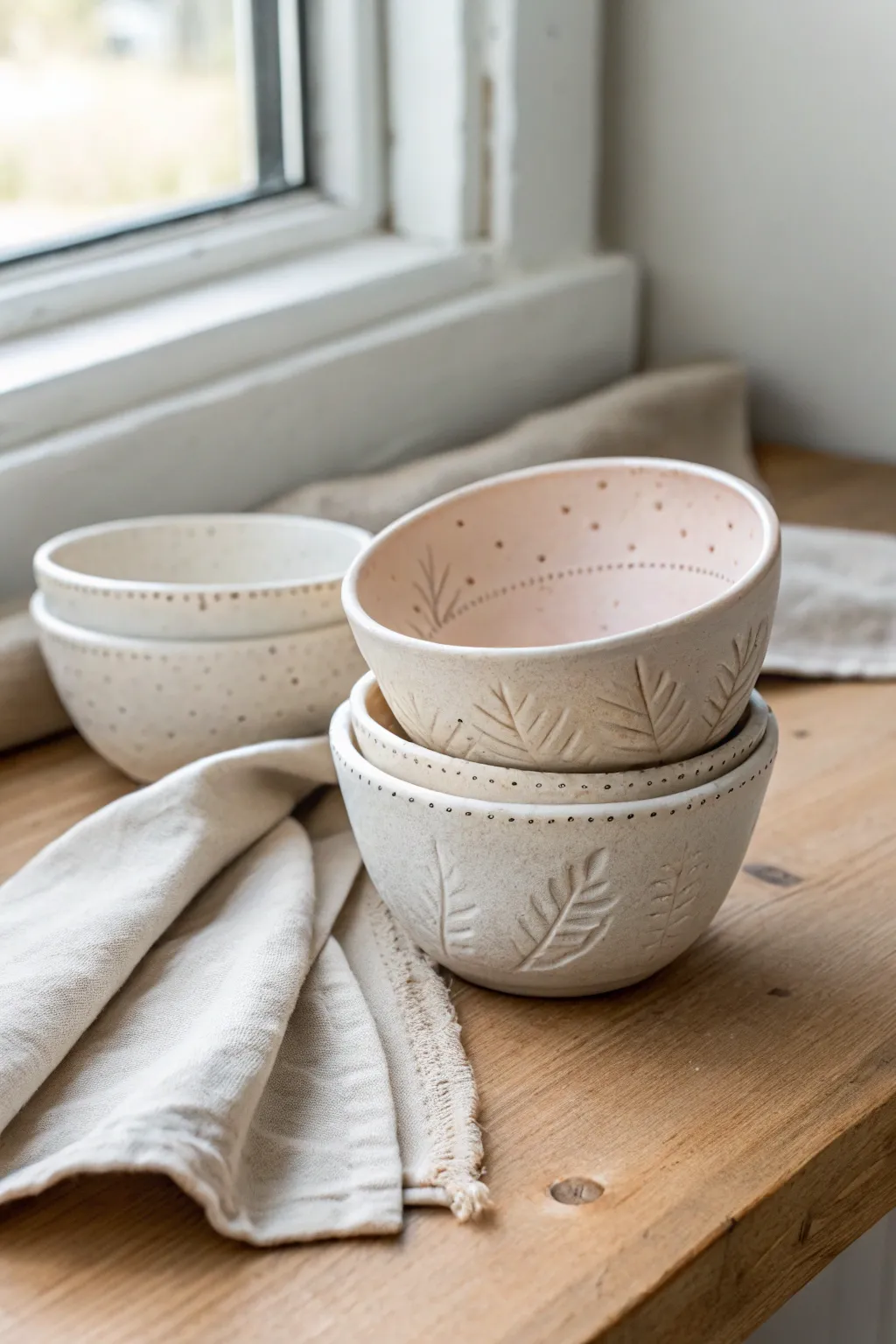 Three handmade pinch pot snack bowls with simple textures in calming neutrals, gift-ready and cozy.