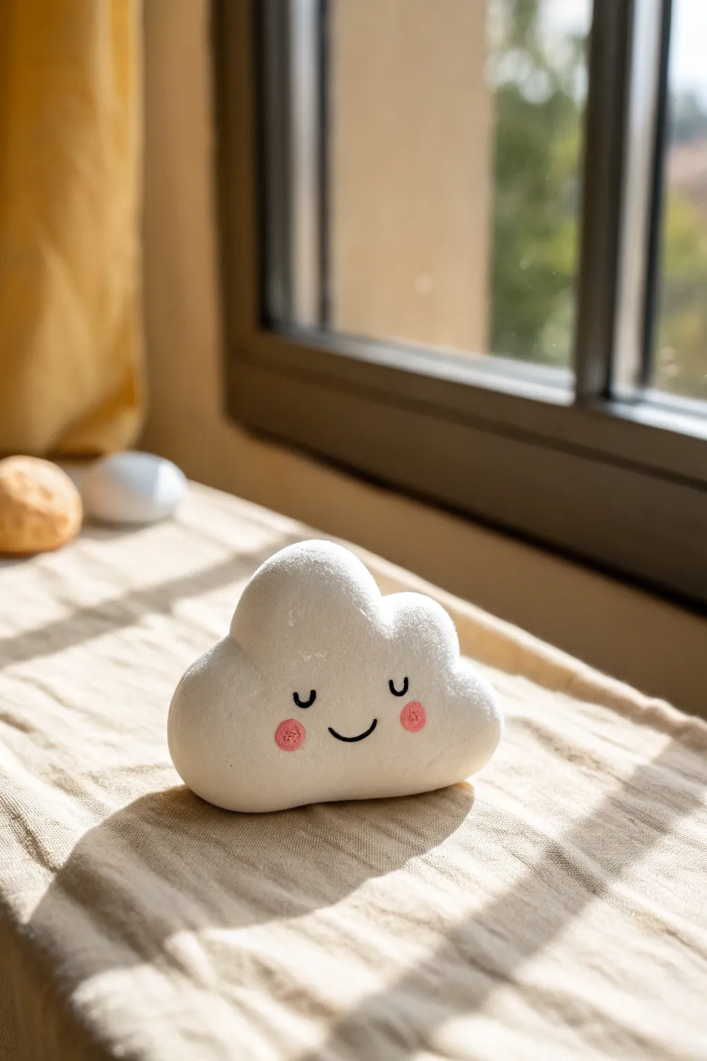 Kawaii cloud face made from air-dry clay, sweet blush cheeks and a clean minimalist vibe