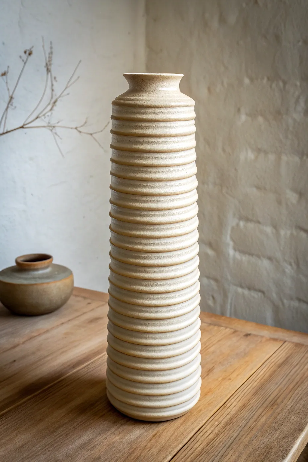 Classic exposed-coil cylinder vase with satin glaze pooling in grooves for soft depth