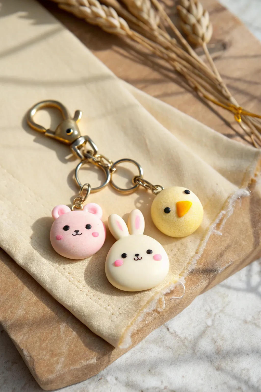 Mini kawaii cold porcelain animal charms in pastel tones, ready to brighten any keychain
