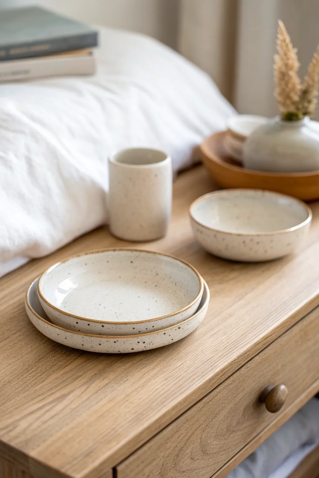 Minimalist air dry clay trinket dishes in soft off-white, metallic rim and speckle detail