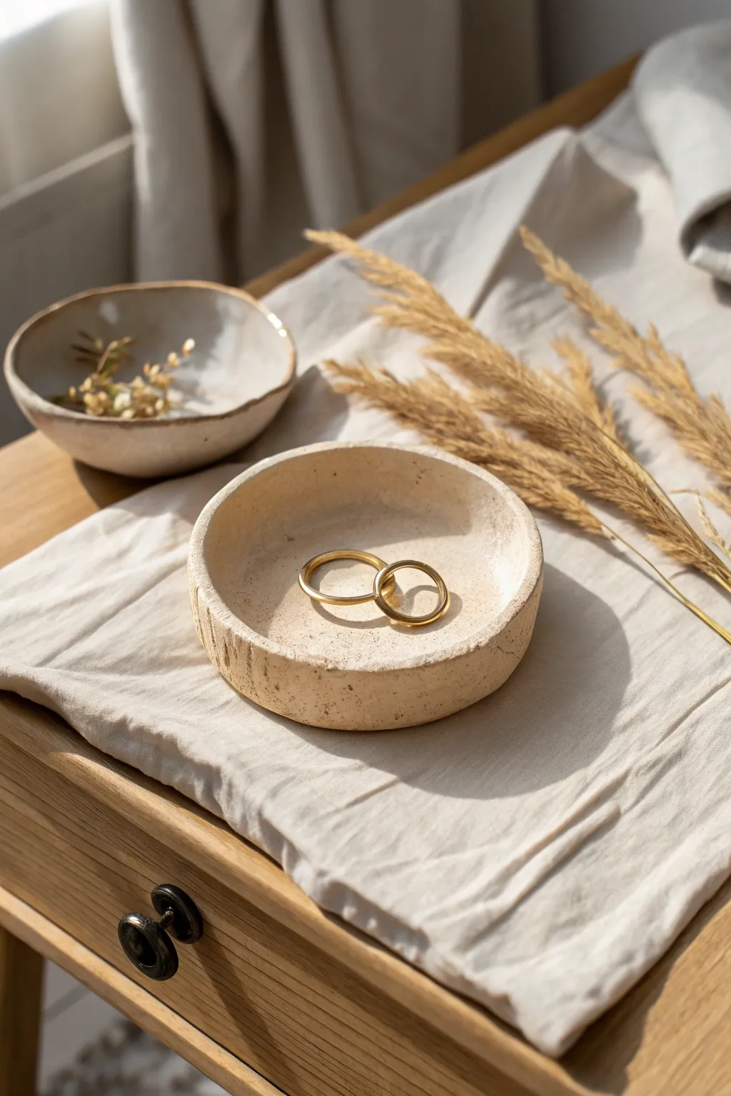 Minimal pinched-edge trinket dish in warm matte glaze, perfect for rings and keys.
