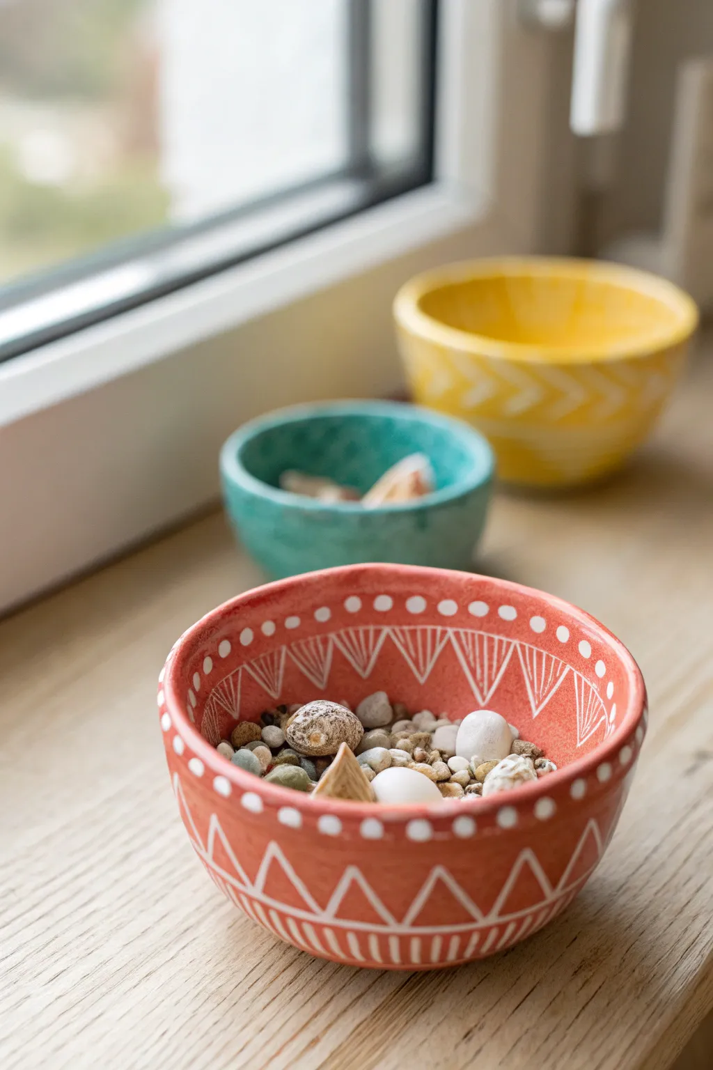Bright pinch pot treasure bowl with playful patterns and tiny shells, perfect cool clay idea for kids