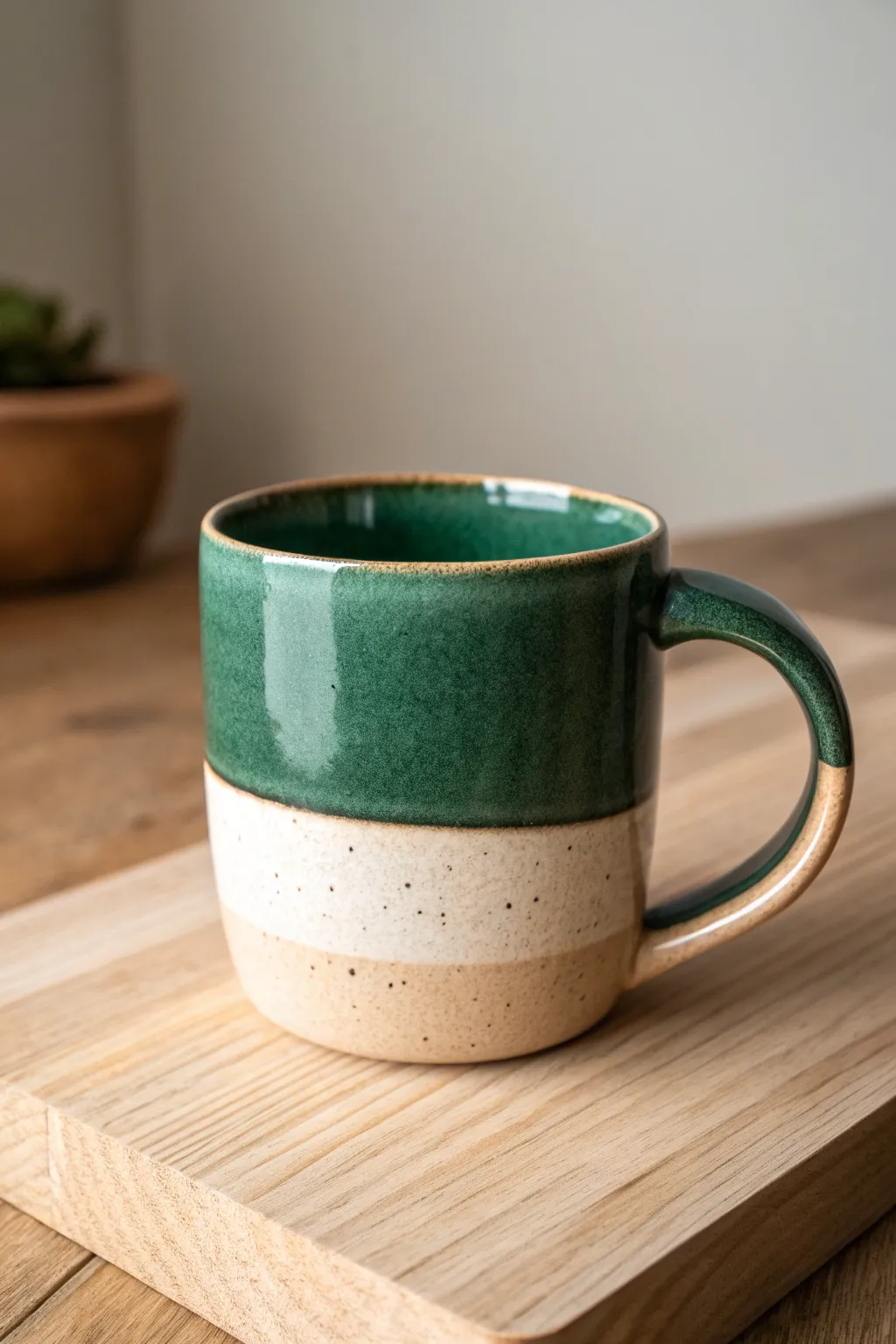 Classic wheel-thrown mug with a bold dipped glaze line, minimalist and warm for daily coffee
