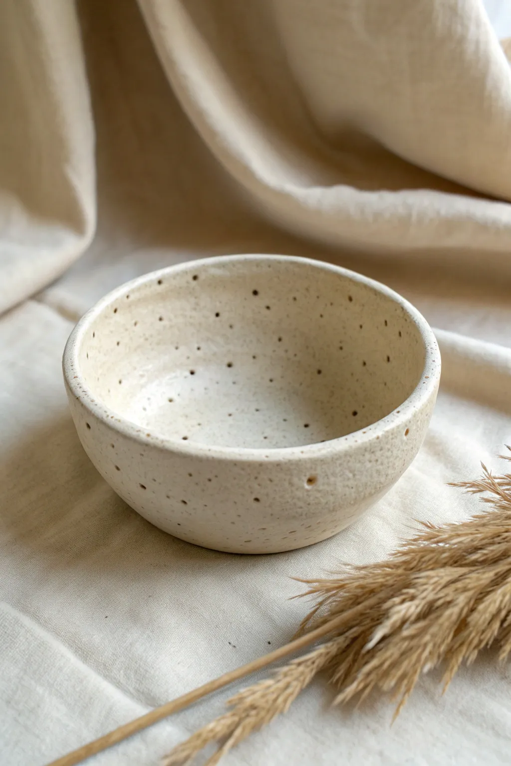 Minimal pinch pot trinket bowl with simple stamped texture, softly lit for cozy Nordic calm.