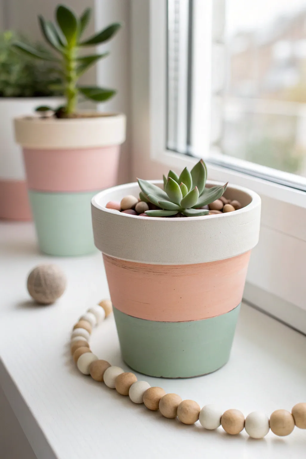 Modern color-block terracotta pot styling idea: simple paint bands with a fresh windowsill plant.