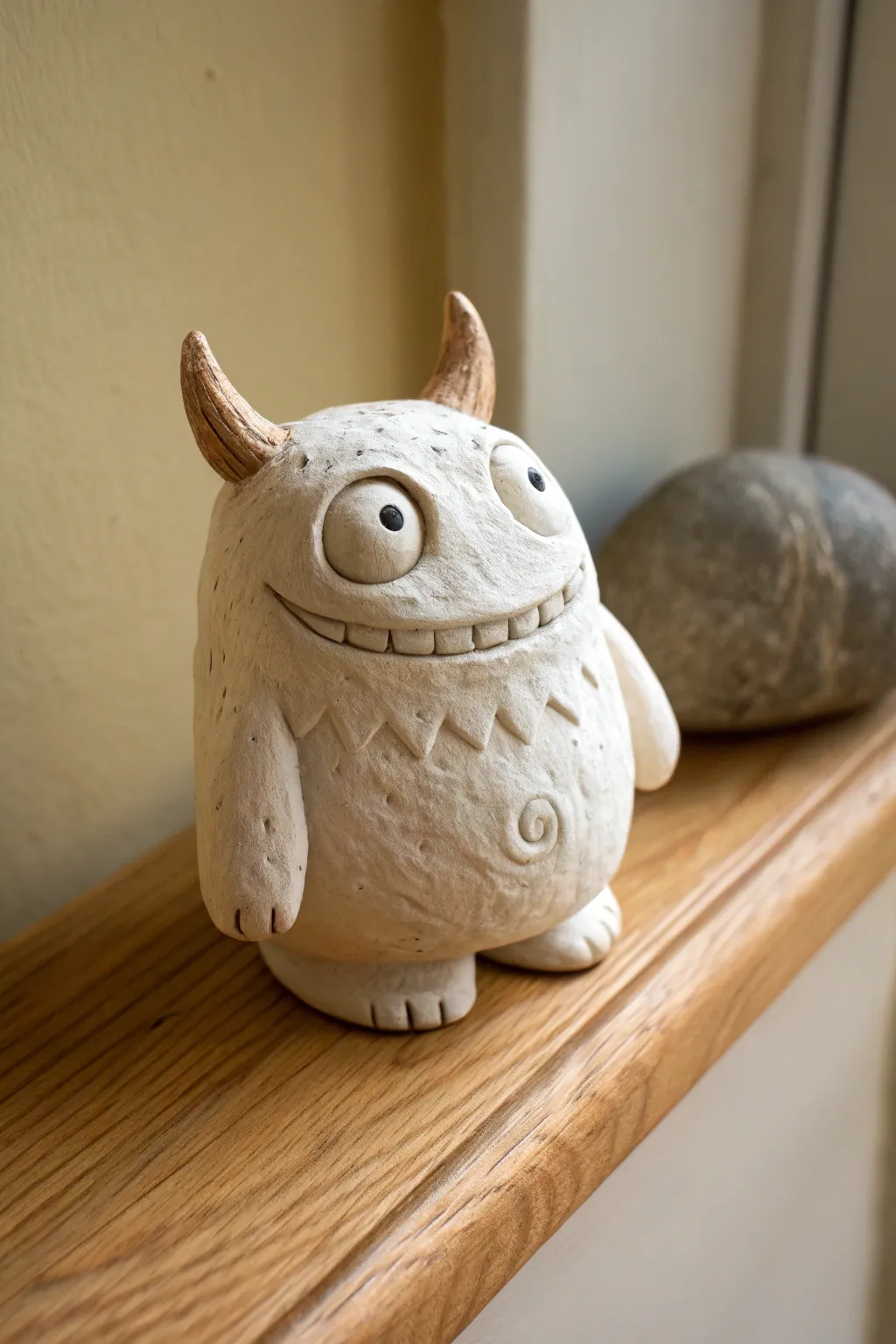 Chunky pinch-pot monster buddy with big eyes and tiny horns, cute, simple, and doable