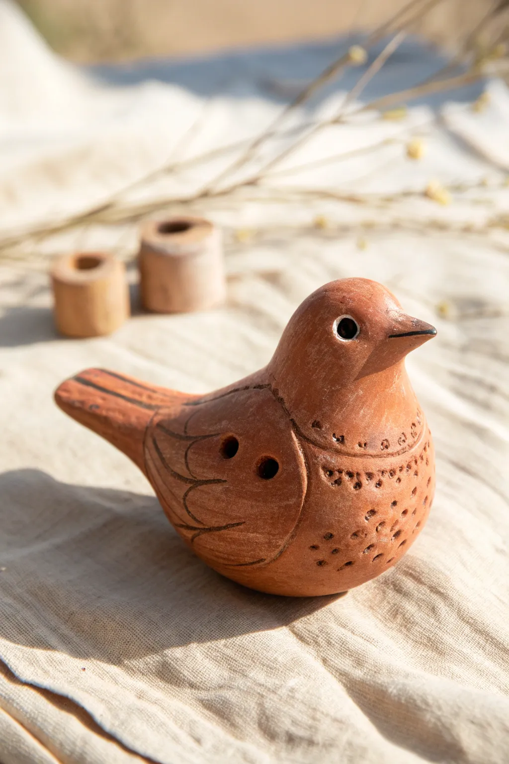 Classic bird pinch-pot clay whistle in warm terracotta, minimal and sweet with handmade charm