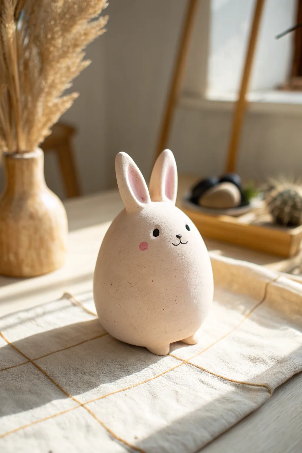 Chubby pastel clay bunny figurine with dot eyes, minimalist boho studio styling, cozy and cute.