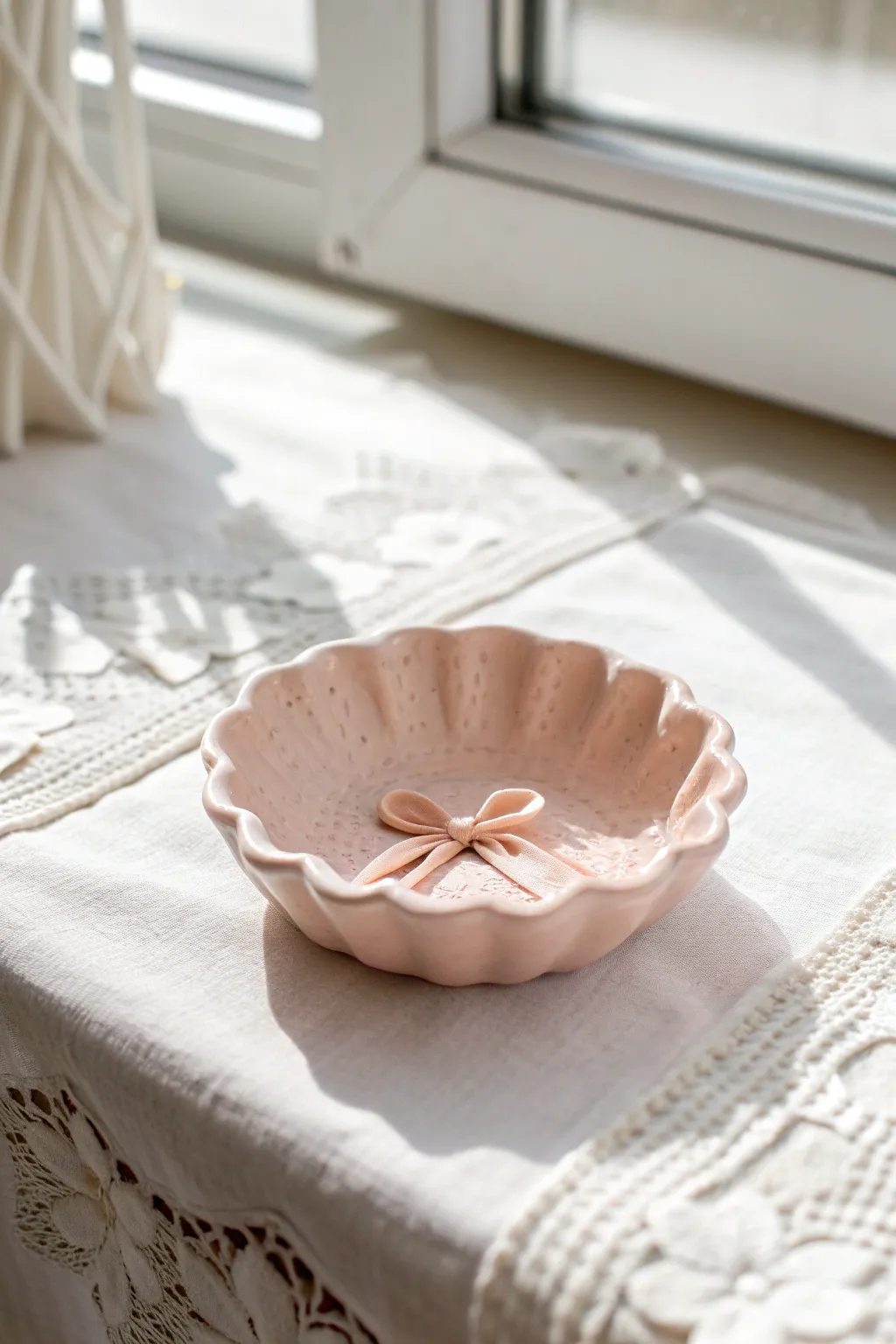 Sweet bow-topped trinket dish in blush clay—minimal, feminine, and perfect for tiny treasures.