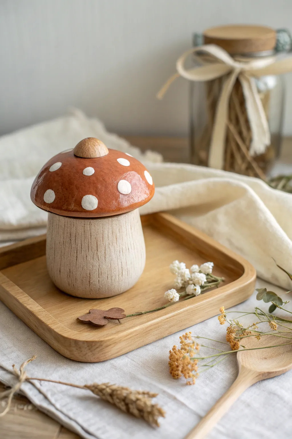 Cottagecore toadstool trinket jar on a wooden tray with linen ribbon and dried petals