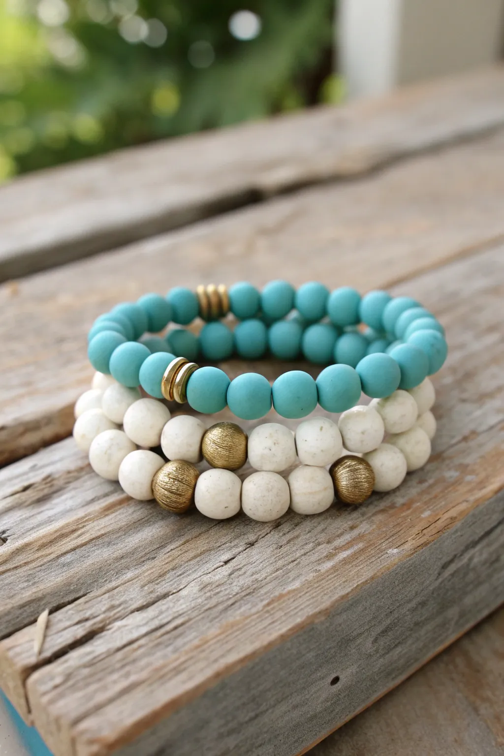 Classic turquoise and cream clay bead bracelet stack with simple metallic spacers on rustic wood