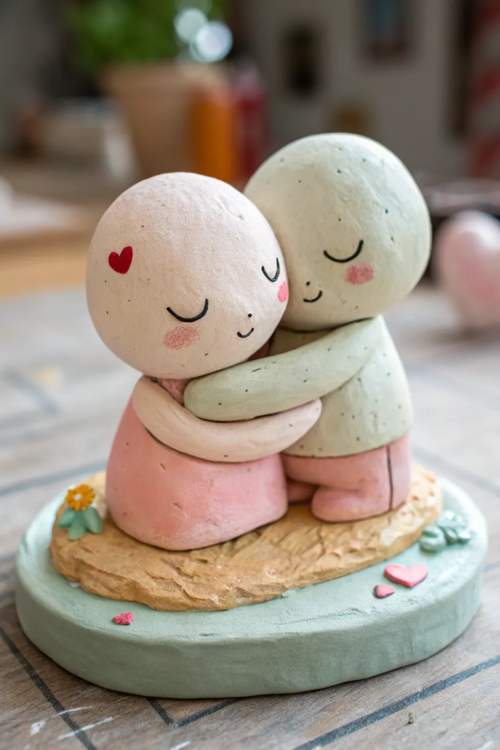 Sweet chibi clay couple in a cozy hug, pastel tones on a minimalist Scandinavian backdrop