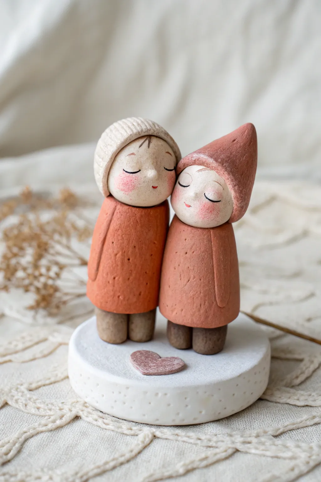 Sweet minimalist clay couple hugging, cozy matching outfits in warm boho tones