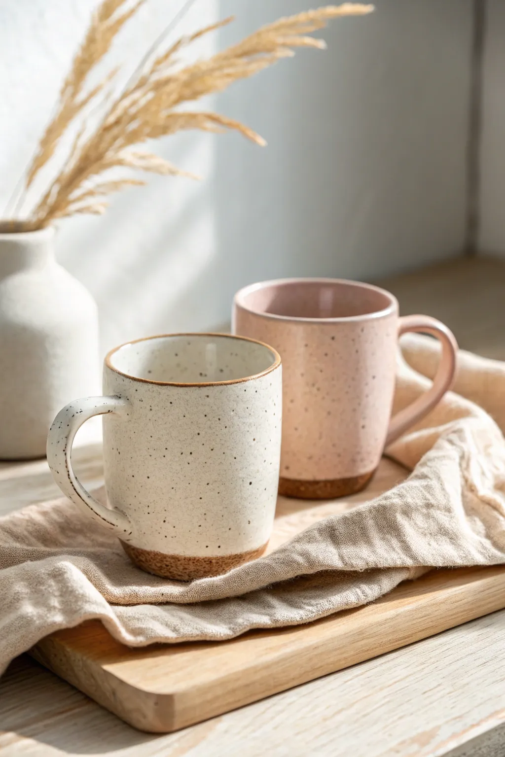 His and hers matching mugs in soft neutral glazes, simple shapes with subtle handmade differences.