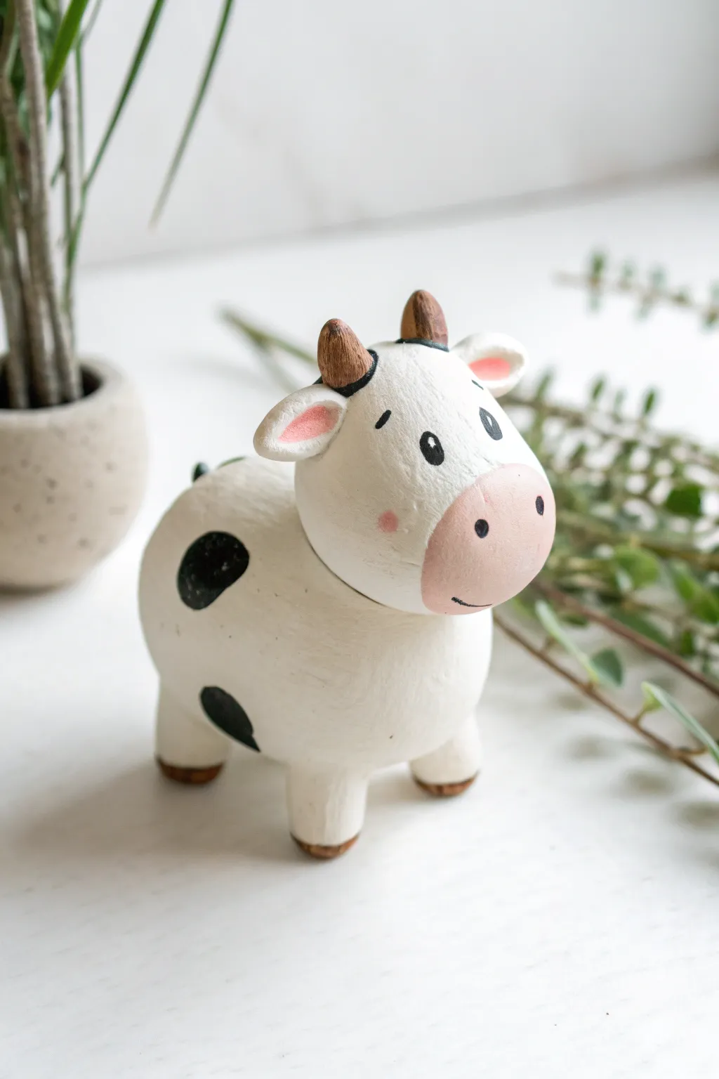 Palm-sized mini clay cow with a pink snout, minimalist and sweet on a clean white backdrop.