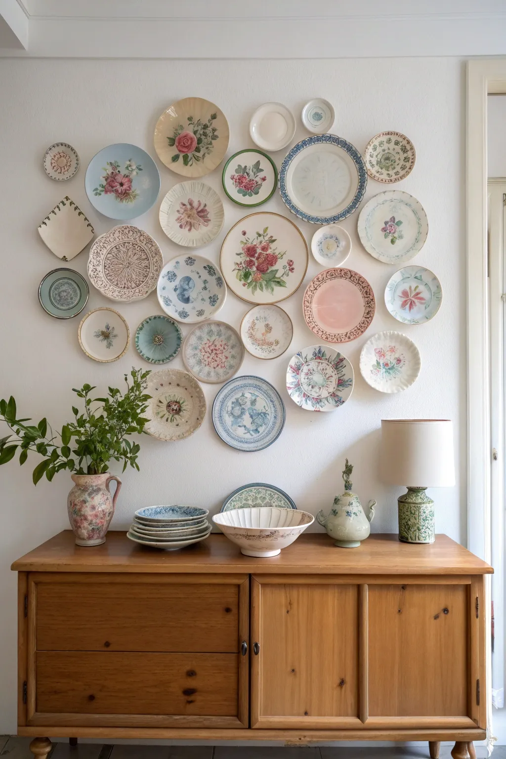 Vintage china plate wall gallery above a light oak sideboard, cozy Scandinavian boho charm