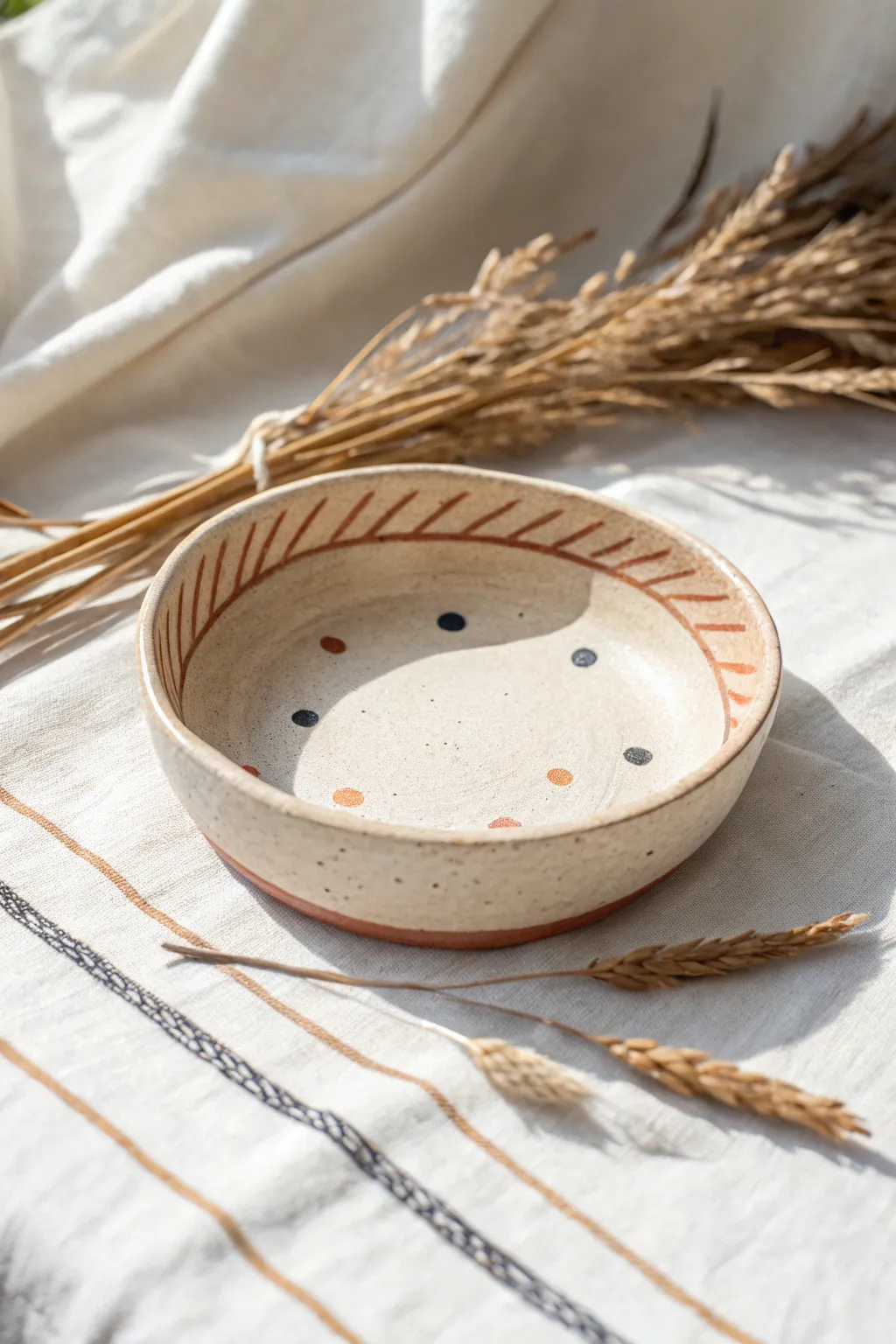 Minimal air dry clay trinket dish in soft neutrals with simple hand-painted dots and stripes