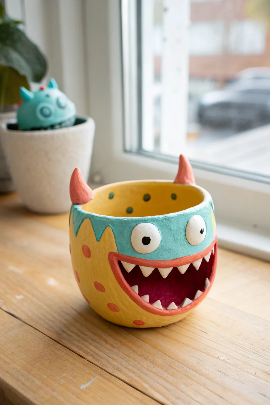 Goofy monster pinch pot in bright colors and chunky teeth, a fun crazy clay idea anyone can try
