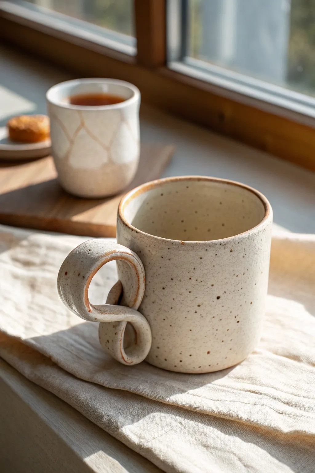 Handbuilt mug with a sculptural knot handle, satin glaze, and cozy styling in soft light