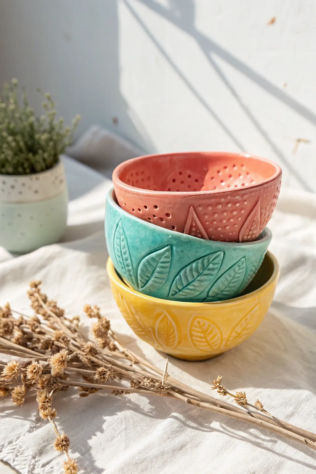 Bright pinch-pot trinket dishes with stamped texture, a minimalist pop of handmade color.