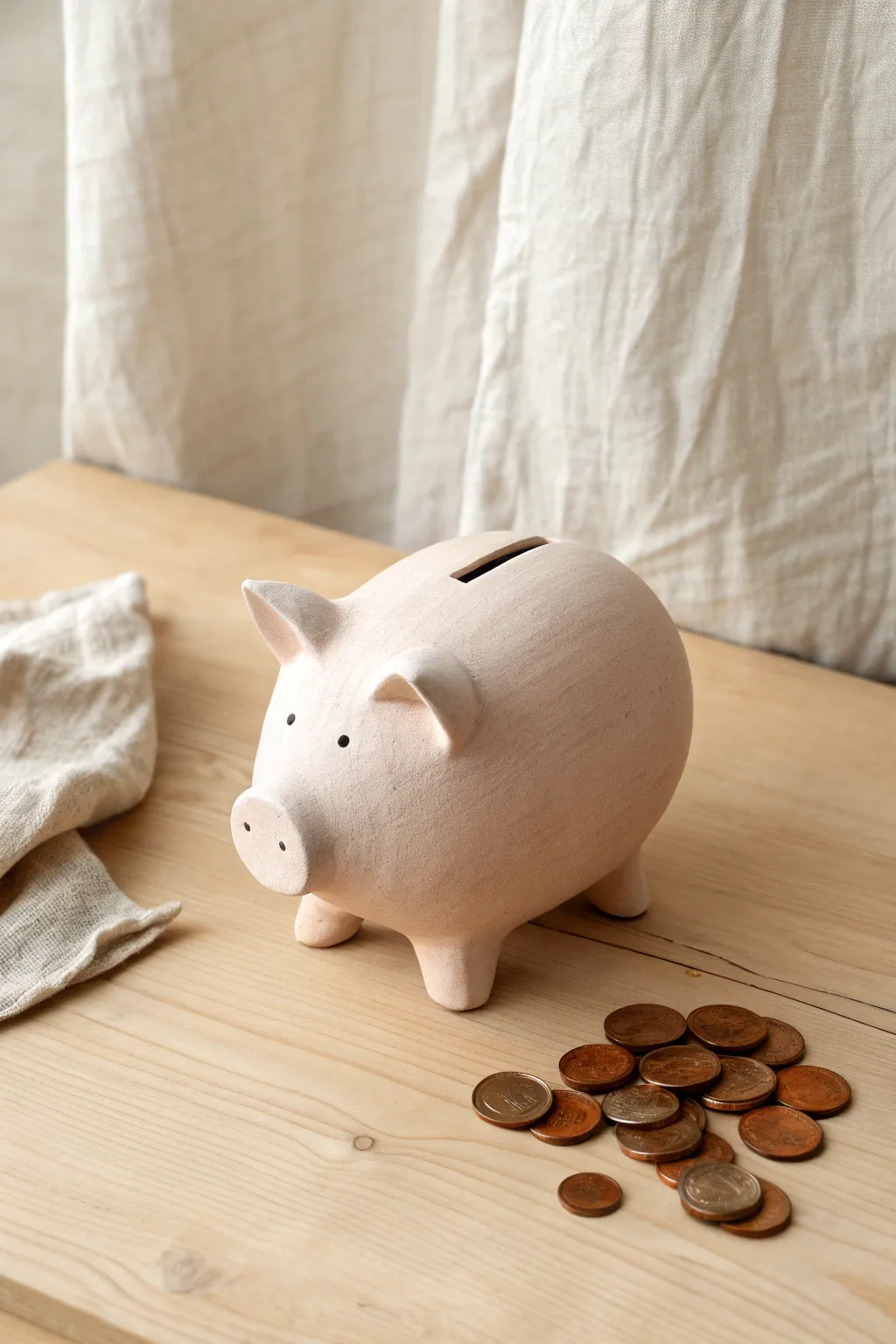 A minimalist round-belly piggy bank in matte blush clay, styled simply with a few coins.