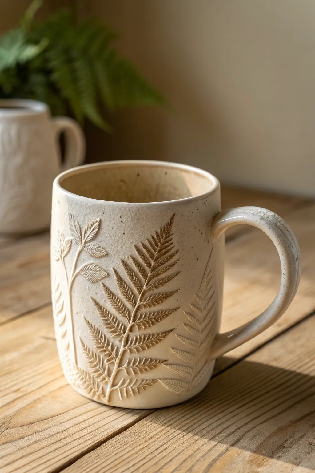 Stamped botanical mug with creamy glaze that highlights every leaf impressions in soft daylight.