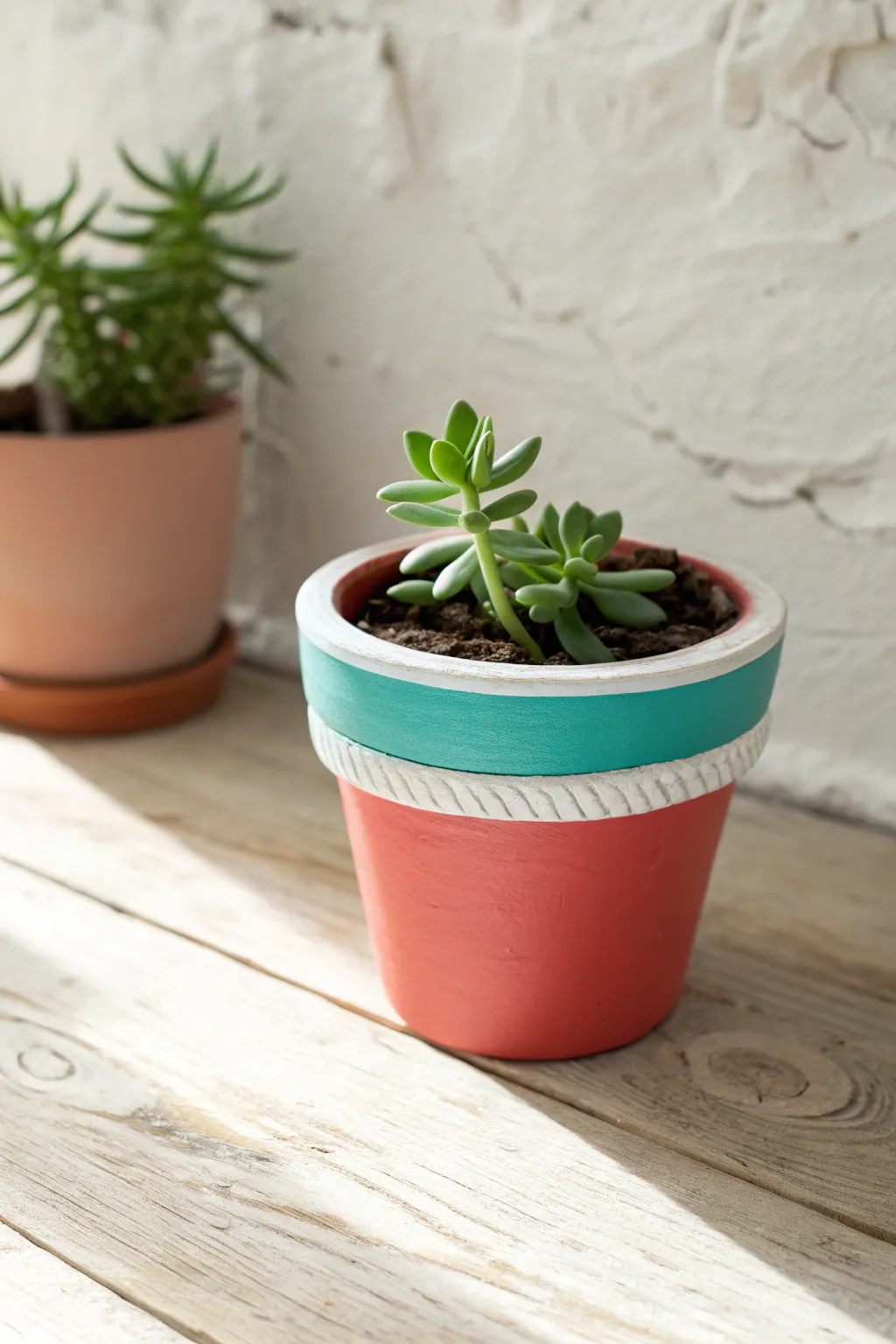 A bright painted terracotta planter with a simple stripe, styled minimal with an easy succulent.