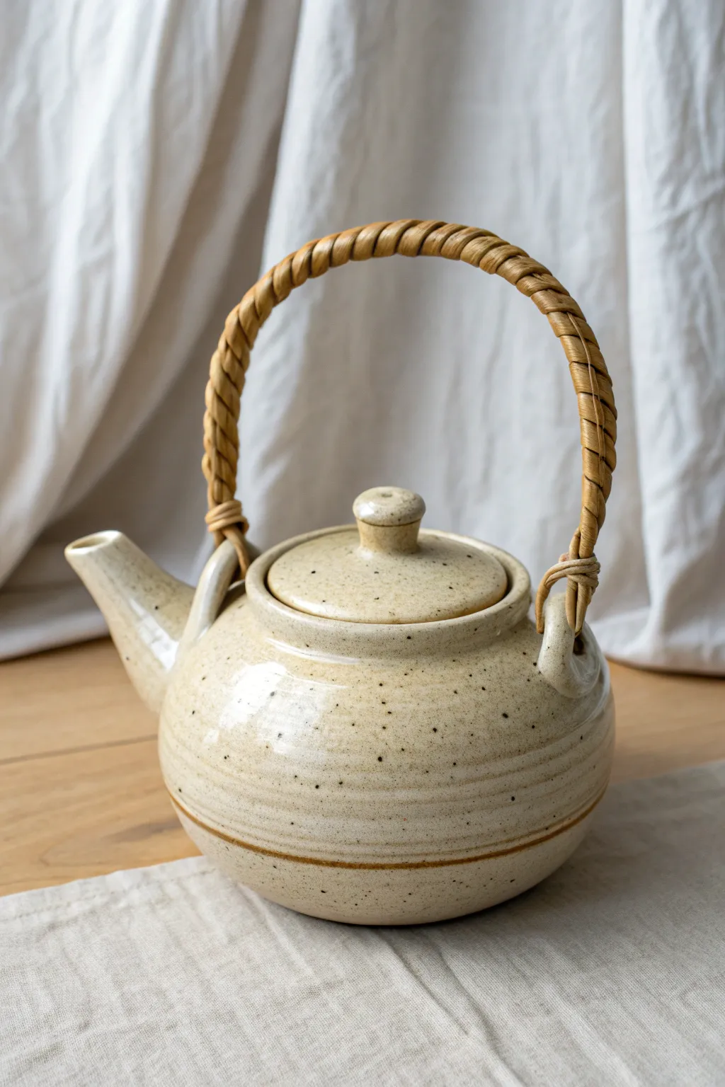 Classic rounded teapot with a graceful curved spout and cozy handle in warm neutral glaze.