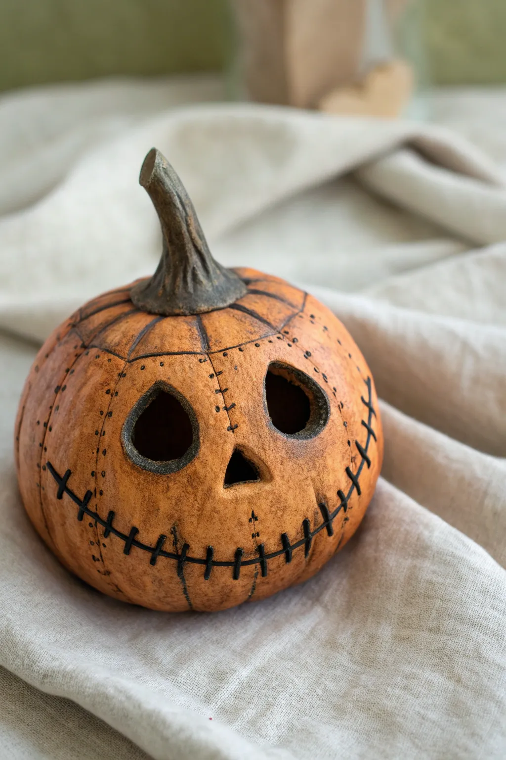Creepy-cute stitched jack-o-lantern clay pumpkin, Nordic minimal styling, moody contrast.