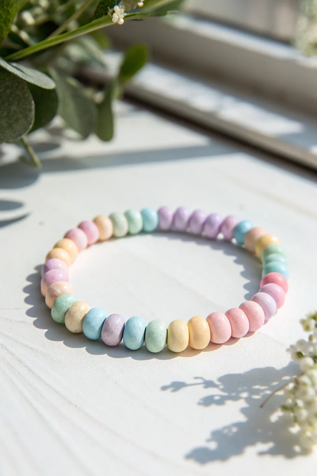 Pastel rainbow clay bead bracelet in a clean minimal circle, bright airy light and soft contrast