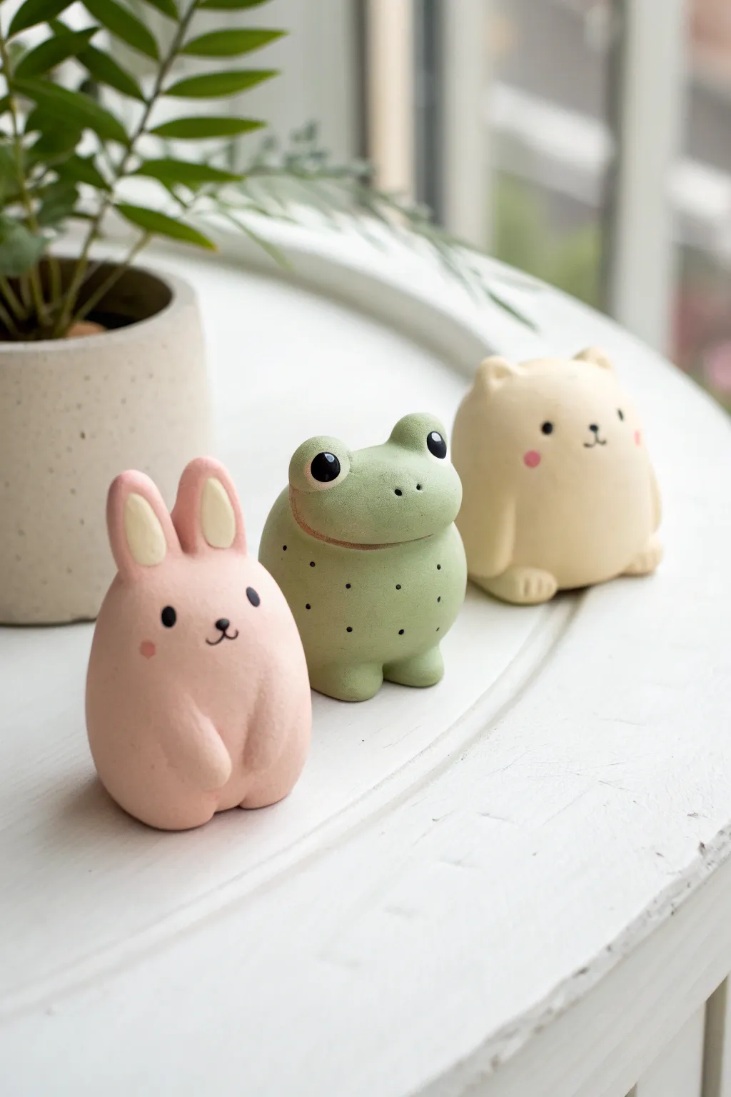 Chubby pastel clay bunny, frog, and bear with dot eyes, styled minimal for cute air clay inspo
