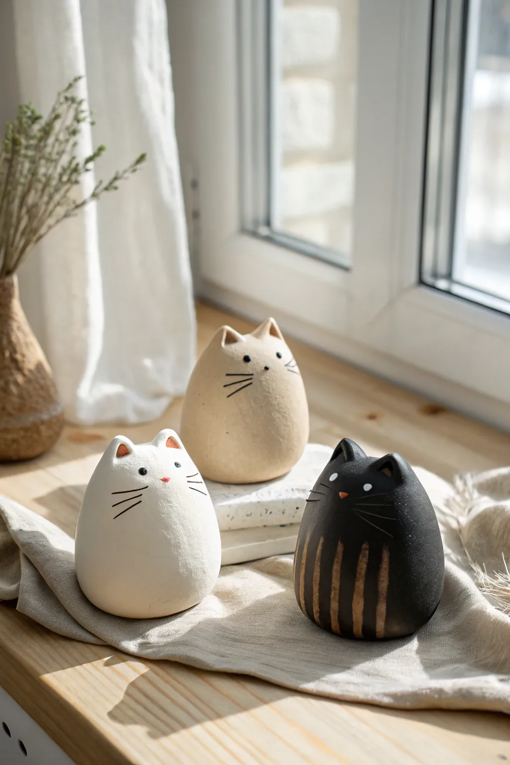 Cute chubby air dry clay cat trio in minimalist Scandinavian style, sweet and simple