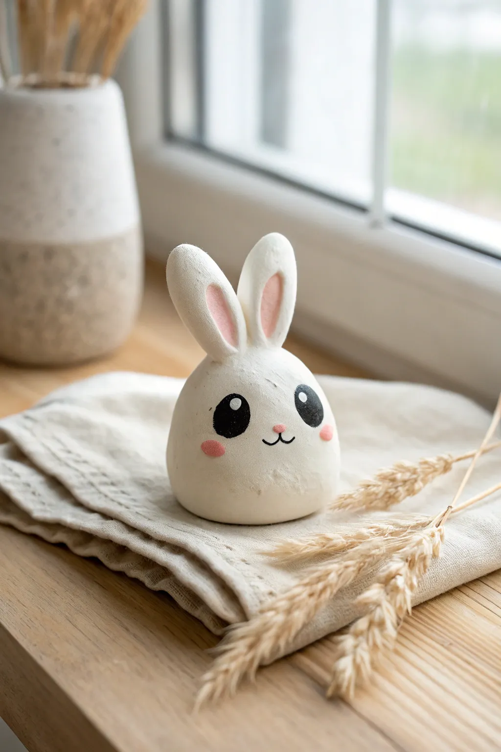 Cute big-eyed blob bunny from air dry clay, kid-friendly and Pinterest-perfect minimalist style