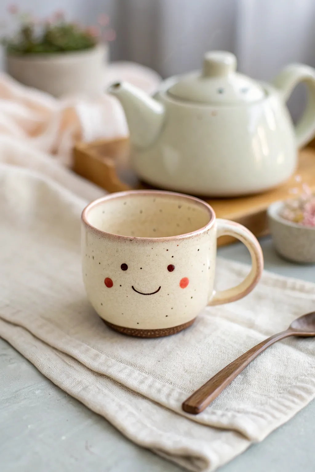 A sweet smiley pinch-pot mug in creamy pastel glaze, styled with a cozy tea moment.